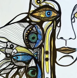 AUGEN, TRÄNEN UND FISCHE ZEIGT MEINE TRAUER. DIE FISCHE STEHEN FÜR DIE HOFFNUNG UND DEN GLAUBEN, GESTALTET VON INGRID HAUFF ingridhauff.de