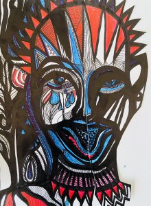 Mr. Parkinson guckt schelmisch ist aber sehr böse und hinterhältig rot blau schwarz, Malerin Ingrid Hauff. ingridhauff.de