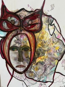 Frau mit Depression , rot gelb und grau