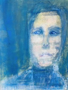 blau blau blau, Selbstportrait, Blick zur Seite, verwischt verschwindend , Malerin Ingrid Hauff, ingridhauff.de