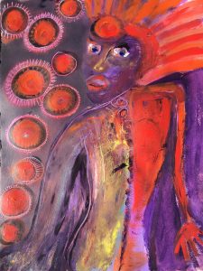Schmerz, Frau von Hinten mit Blick zum Betrachter, rot lila, Malerin Ingrid Hauff