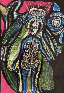 TIEFE HIRNSTIMULATION (DBS = DEEP BRAIN STIMULATION) Das große Auge passt auf, der Fisch als symbol für Gott ist an meiner Seite. Es gibt Hoffnung , Farbe pink Pink links