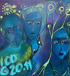 Drei Menschen mit Parkinson, Malerin Ingrid Hauff, blau, ICD